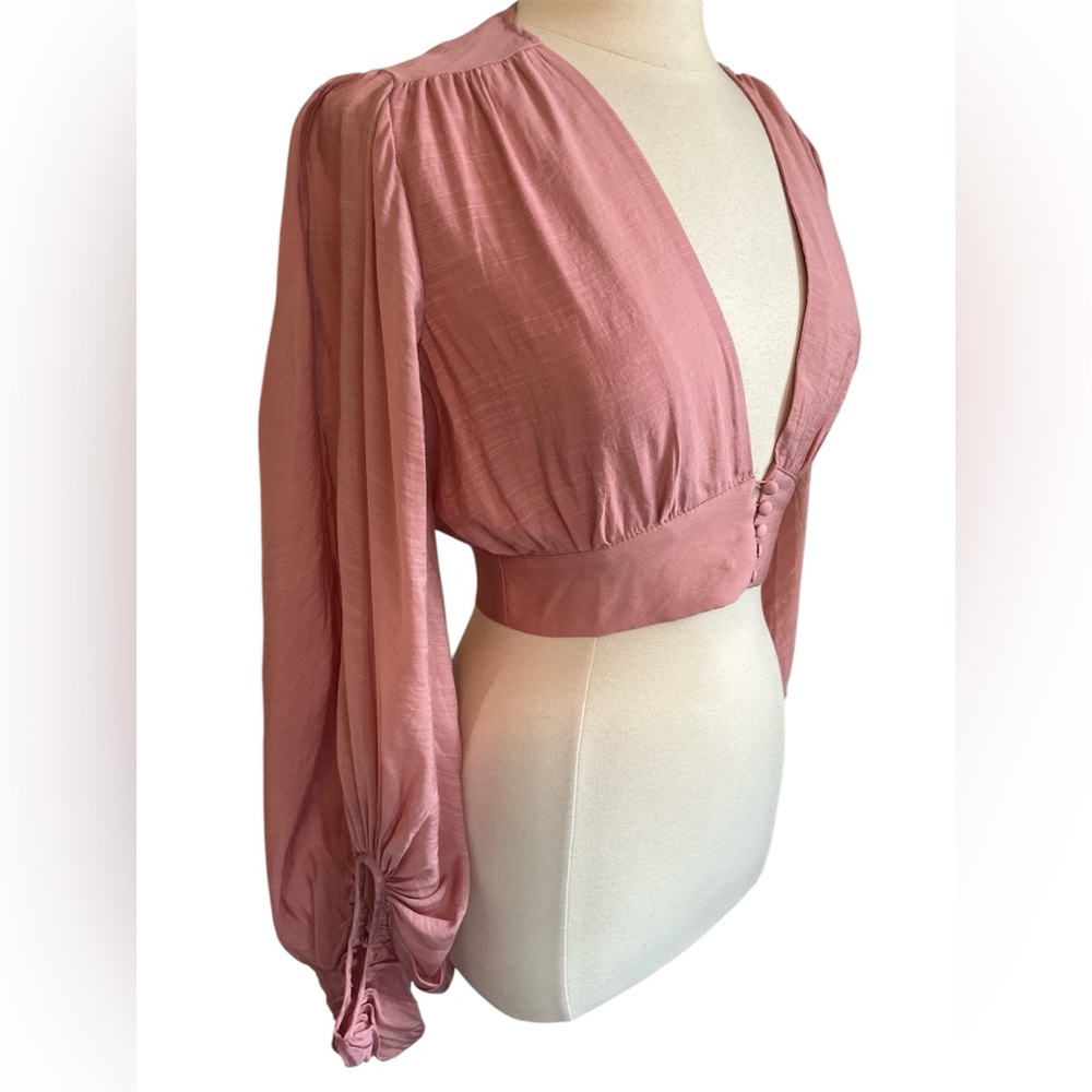 Hyfve Bohemian Pink Crop blouse w/Long Balloon Sleeves button waist Size Medium - Picture 3 of 12